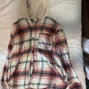 Plaid Hooded Flannel Shirt Jacket - Cream & Red Plaid